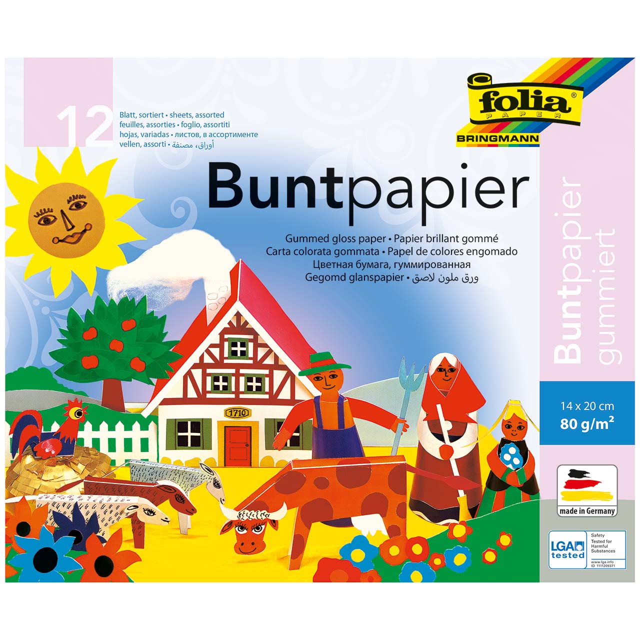 Buntpapier gummiert 12 farbig - 14 x 20cm