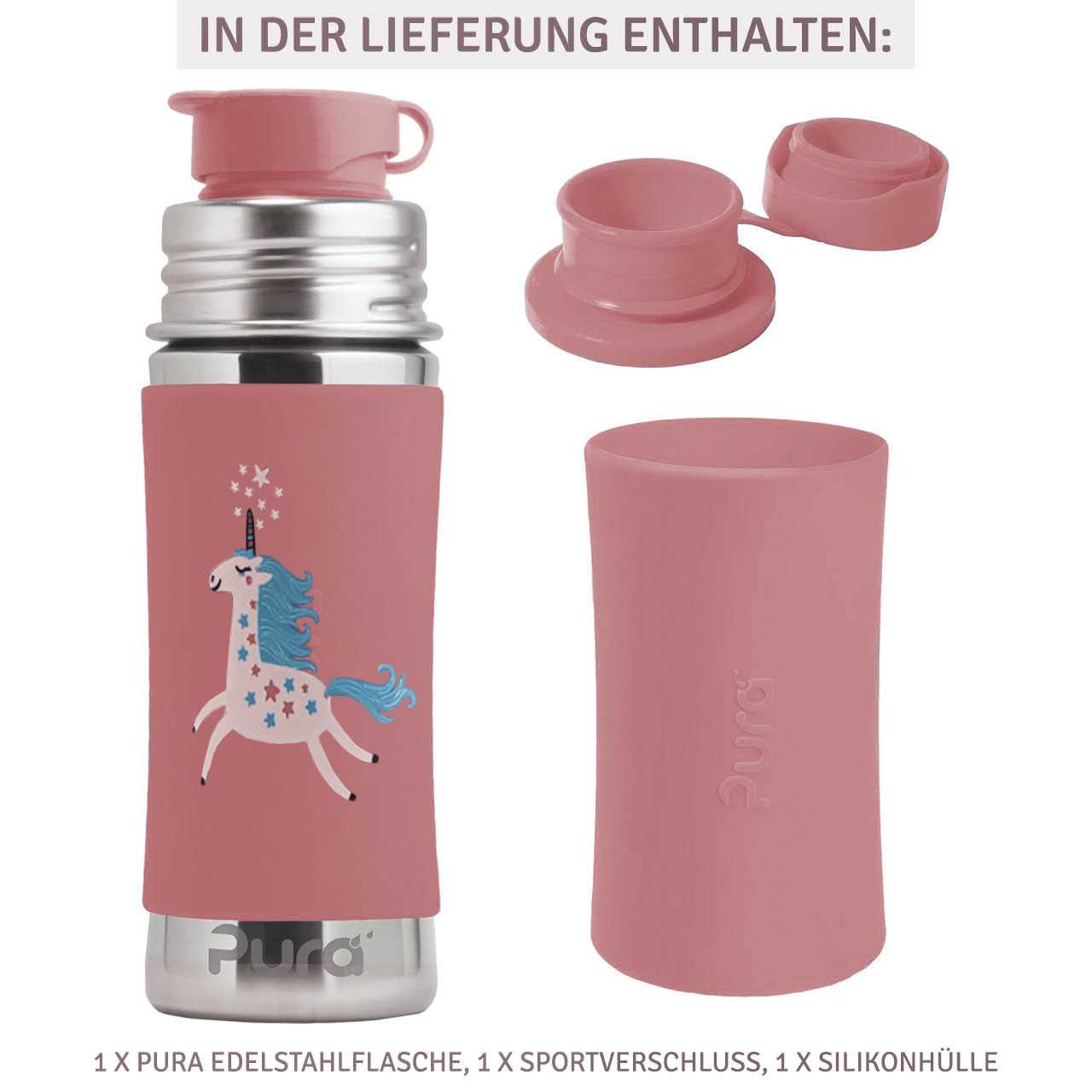 Edelstahl Sportflasche Sportverschluss 325 ml Einhorn rosa