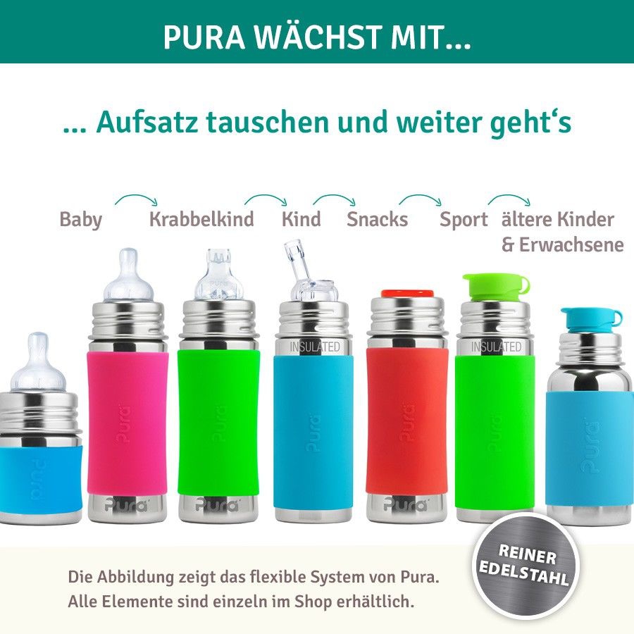 Pura kiki Edelstahl Trinklernflasche ab 6 M - open end pinky