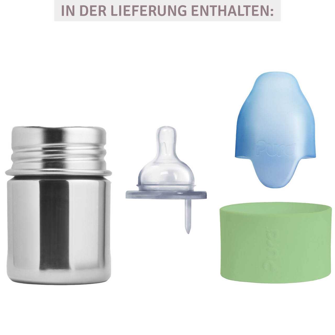 Pura kiki Babyflasche Edelstahl langsamen Sauger moos-grün