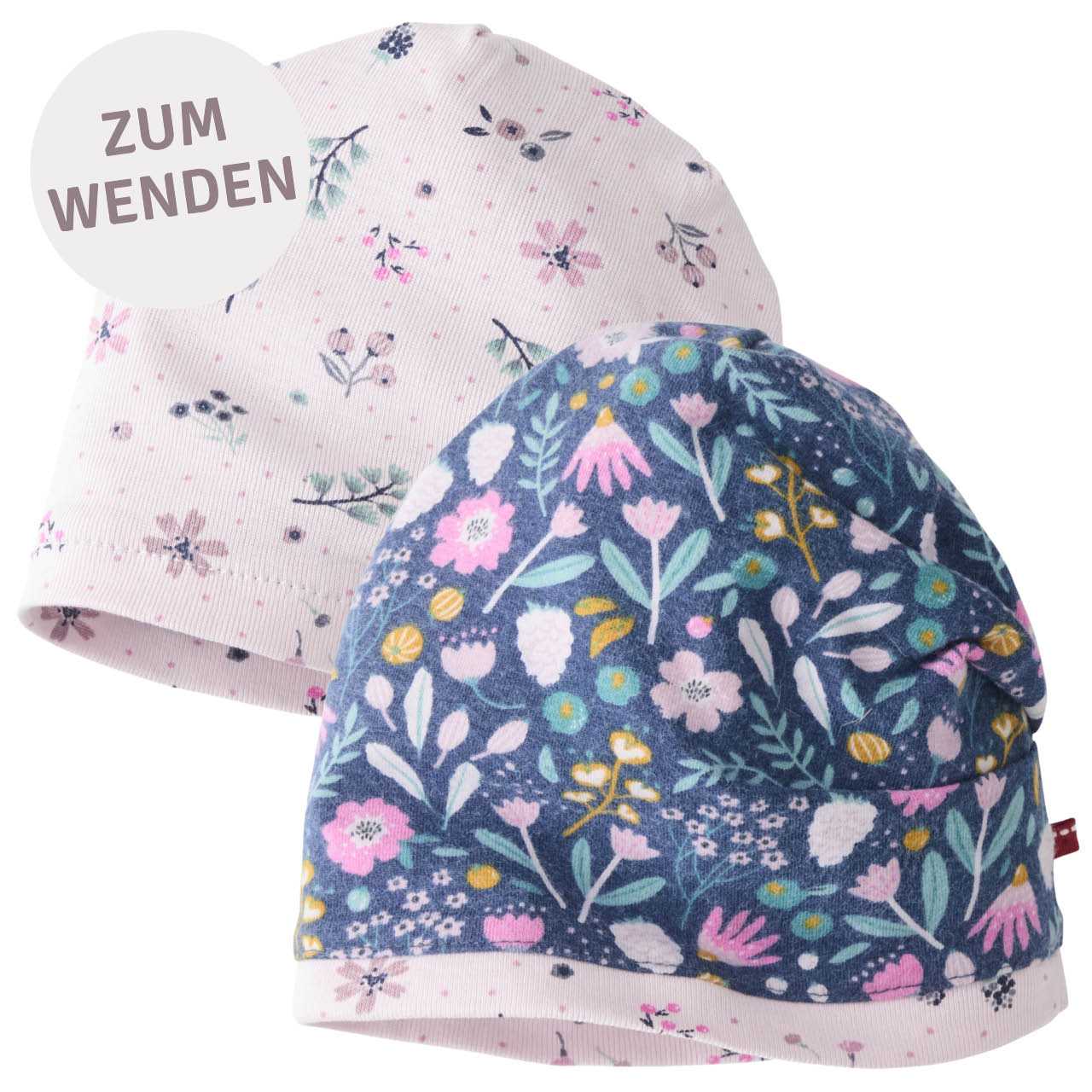 Wende-Beanie Herbstblüten indigoblau