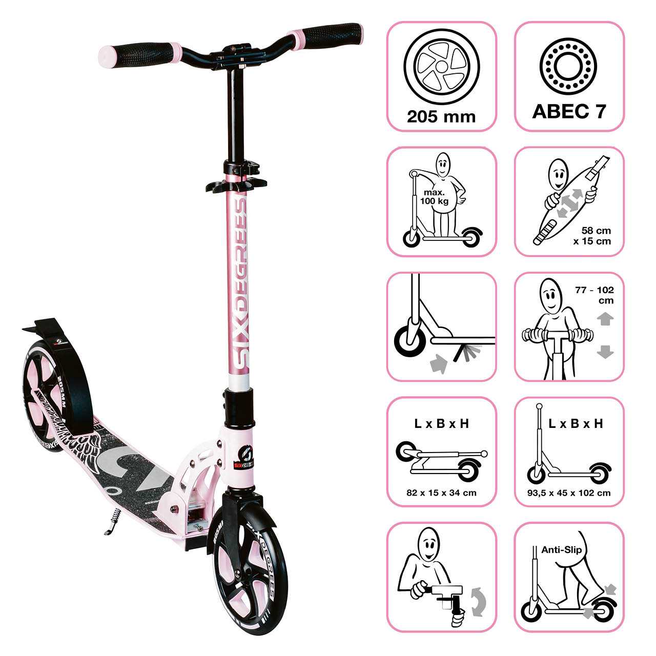 Alu Scooter ab 6 Jahre 35-100kg mit 205mm-Rädern in Pastellrosa