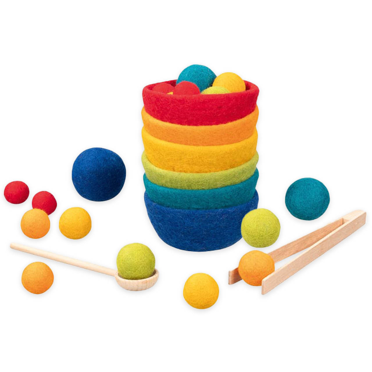 Farbsortierspiel mit 6 Schalen aus Wollfilz und Zubehör