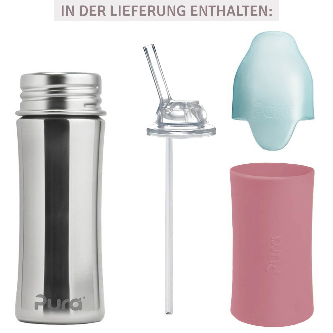 Edelstahl Flasche mit Trinkhalm Kids - rosa