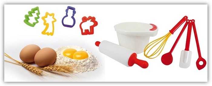 Collage aus Eiern, Getreide, Mehl, Ausstechförmchen und dem Back-Zubehör