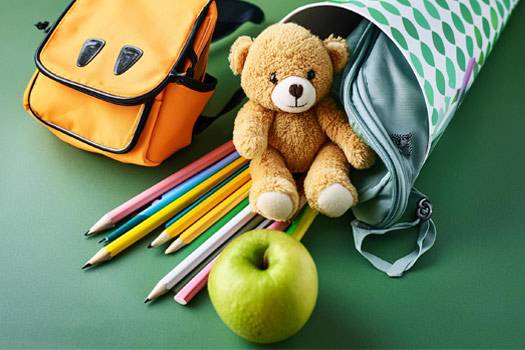 Eine Schultüte liegt ausgekippt auf einem grünen Tisch, Stifte, eine Tasche, ein Teddy und ein Apfel waren drin.