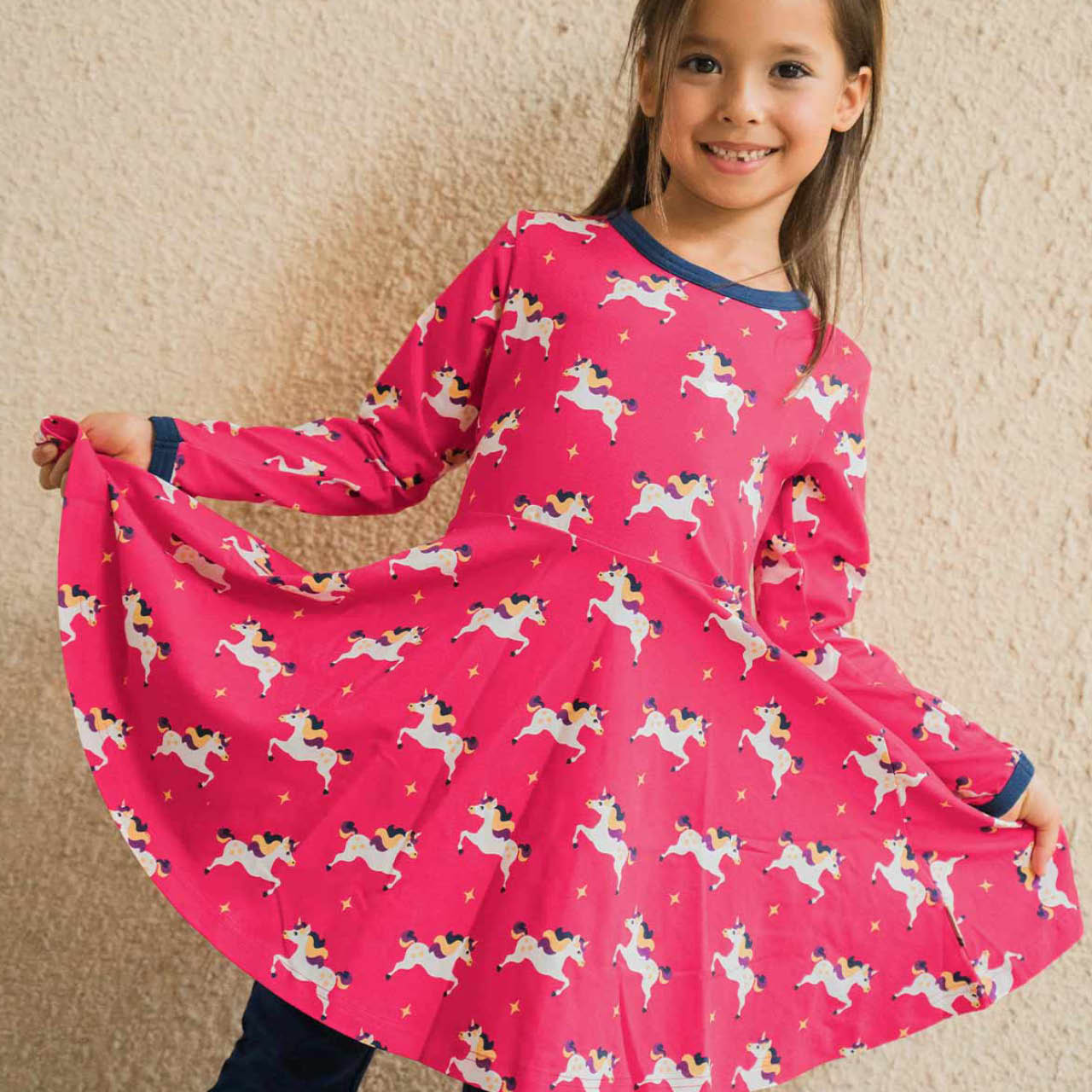 Langarm Flatterkleid Einhorn pink